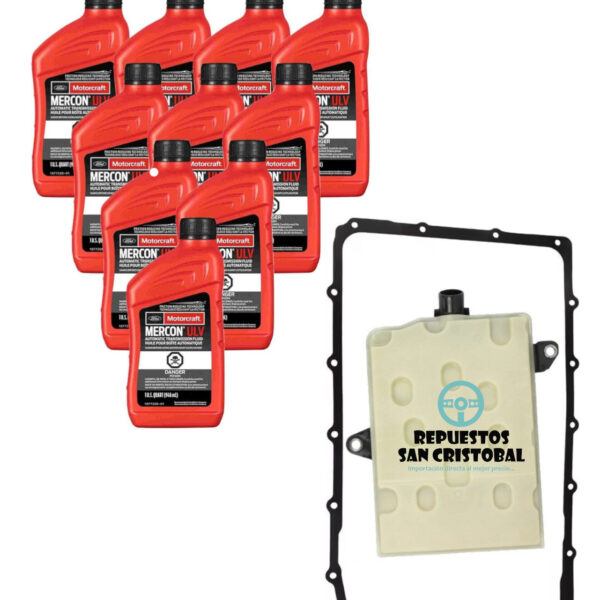 Kit completo de mantención para caja automática 10R80 con filtro, junta y 10 botellas de aceite Motorcraft Mercon ULV - Repuestos San Cristóbal
